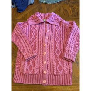 Aran Crafts Pink Cable Knit Cardigan 100% Merino Wool - Made in Ireland